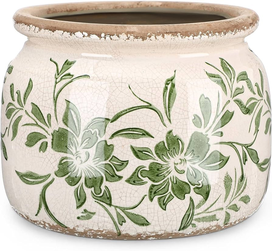 7.7" Large Vintage Ceramic Plant Pot Beige Green Farmhouse Peony Crackle Glaze Rustic Flowers Pla... | Amazon (US)