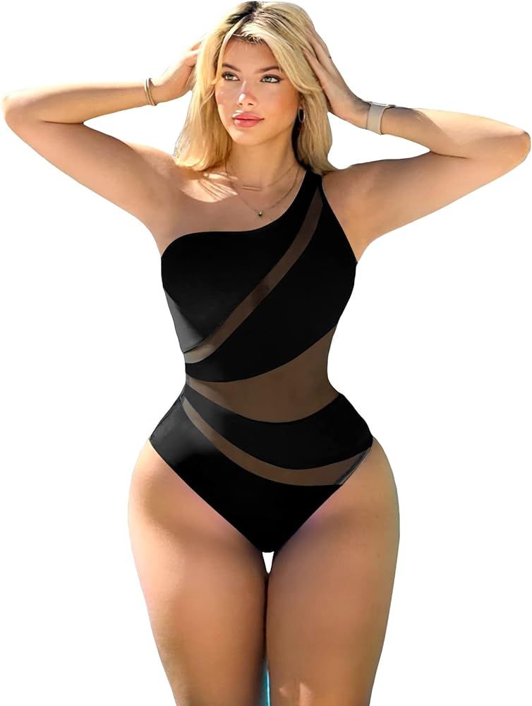 OYOANGLE Women's Colorblock Cut Out One Piece Swimsuit Tummy Control One Shoulder High Waist Bath... | Amazon (US)