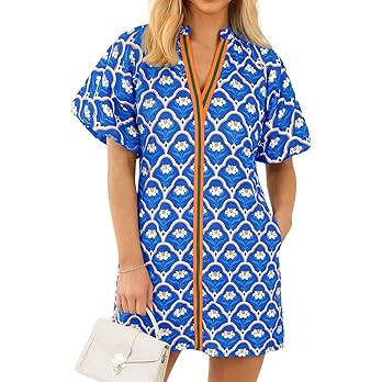 Wenrine Womens Summer Dresses Casual Floral Puff Sleeve V Neck Boho Loose Beach Mini Dress with P... | Amazon (US)