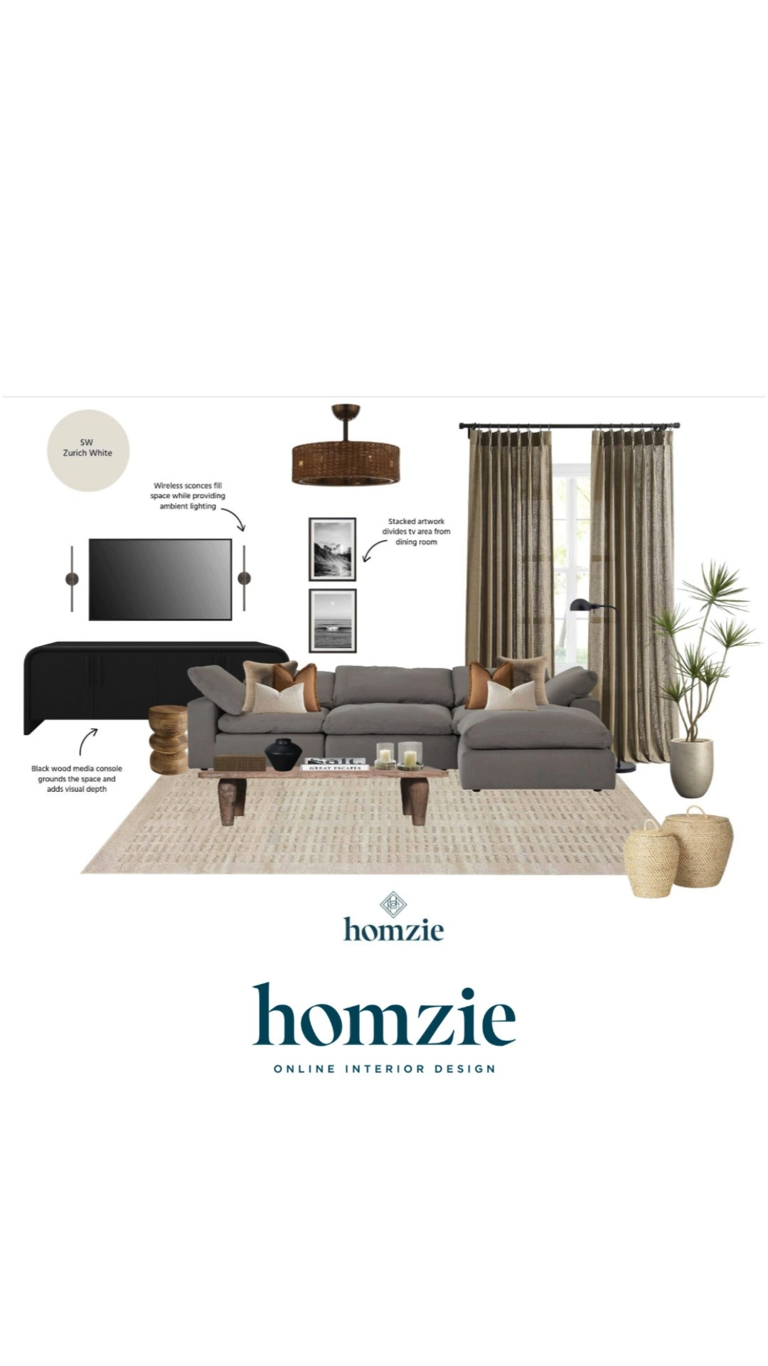 Cozy living room design featuring curtains, lighting, media console, rug, coffee table, plant pots, decor, etc.

#LTKHome #LTKFavorites #LTKFinds #HomeStyleDaily 

 #LTKHome