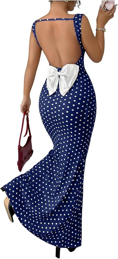 Floerns Women's Polka Dots Cowl Neck Maxi Dress Vintage Bow Backless Bodycon Party Cocktail Dress... | Amazon (US)