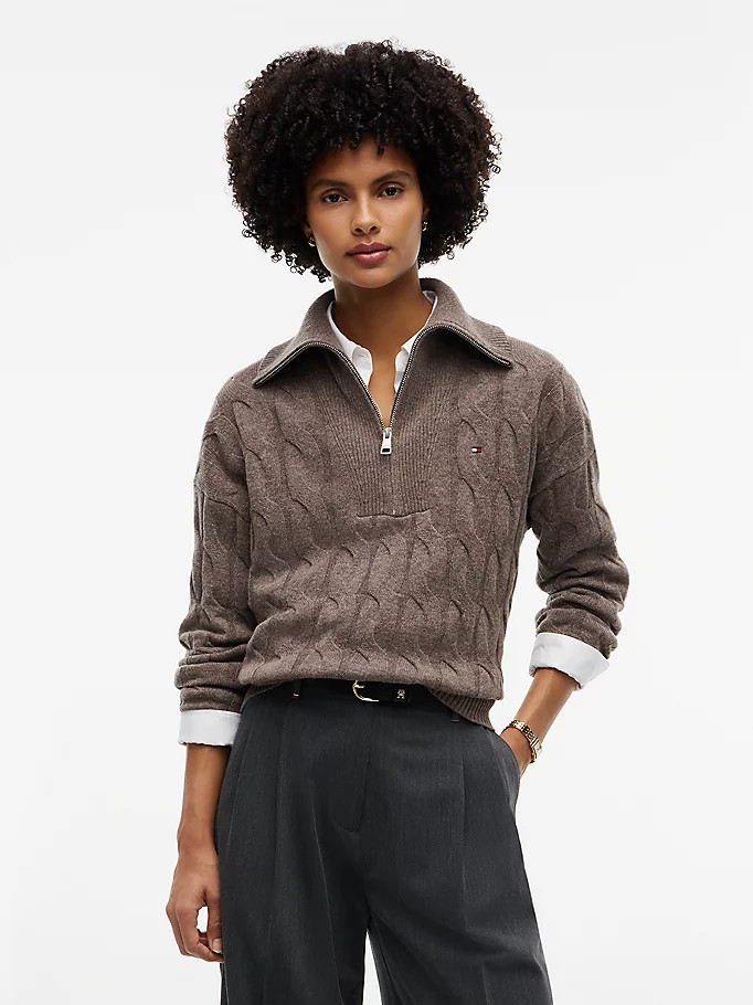 Pure Wool Cable Knit Quarter-Zip Jumper | Tommy Hilfiger UK