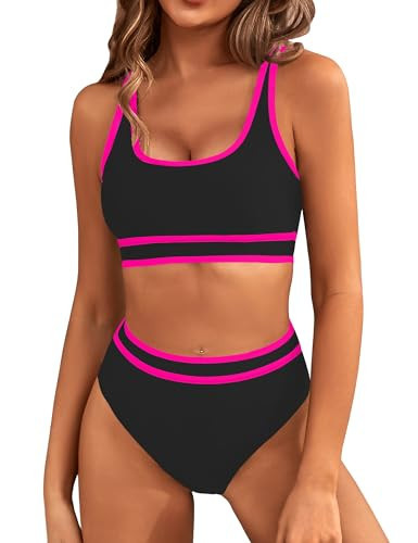 BMJL Women's High Waisted Bikini Sets Sporty Two Piece Swimsuit Color Block Cheeky High Cut Bathing Suits(S,Black Pink) | Amazon (US)