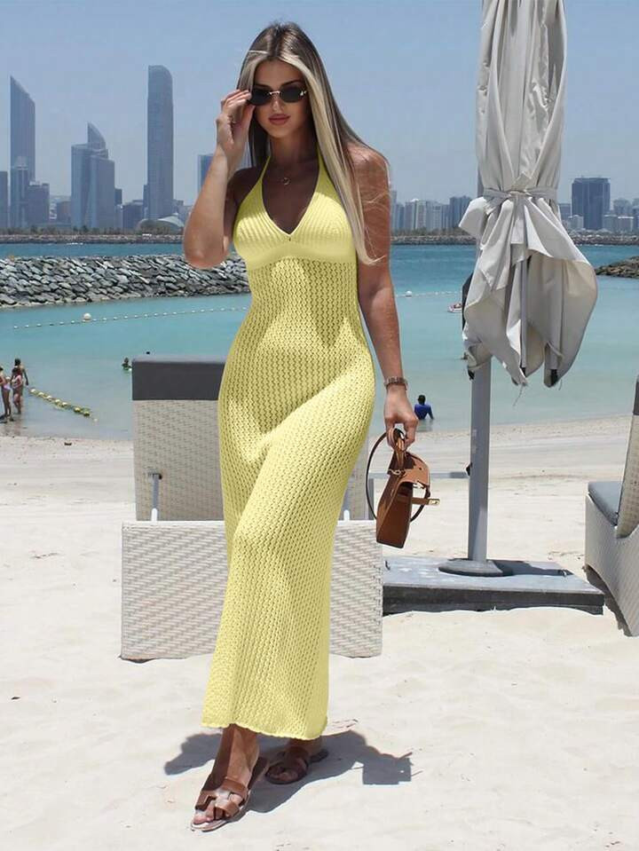 Vestido De Punto Para Mujer De Nuevo Diseño Para Primavera Y Verano, De Color Amarillo Mantequilla Con Escote Hueco, Ajuste Ceñido, Ajustado, Con Espalda Sexy, Estilo Boho Para Festivales De Música, Vacaciones, Con Temperamento Elegante Y Falda Larga | SHEIN