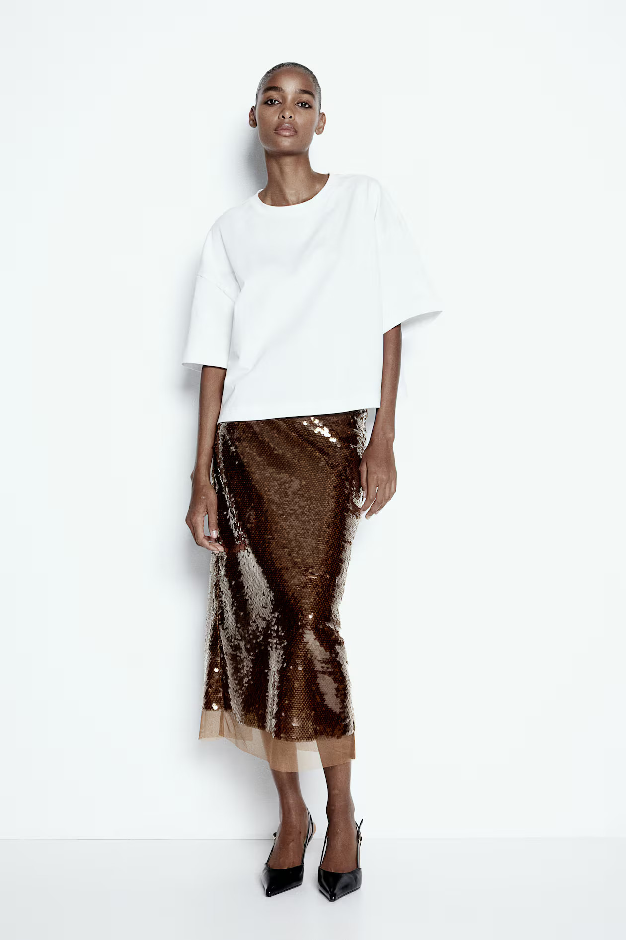 Sequined midi skirt - Bronze-coloured - Ladies | H&M GB | H&M (UK, MY, IN, SG, PH, TW, HK)