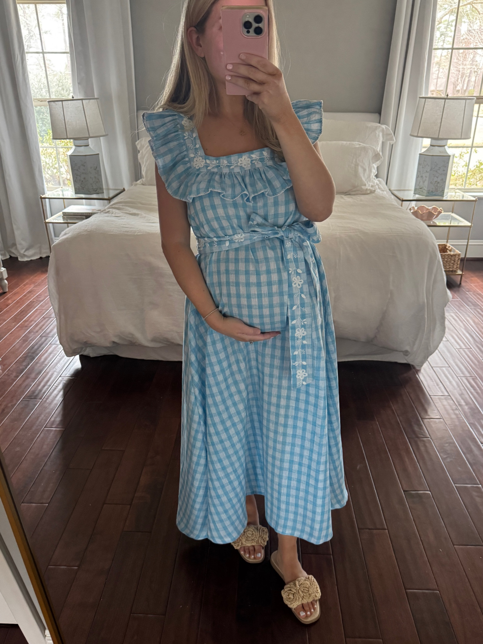 Mi Golondrina blue gingham dress
Cute with a bump but would be even cuter without one IMO!! Very flowy without the tie. I’m in a small and probably could’ve ordered XS. Thought this could be a cute baby shower dress! #babyshowerdress 

#LTKBump