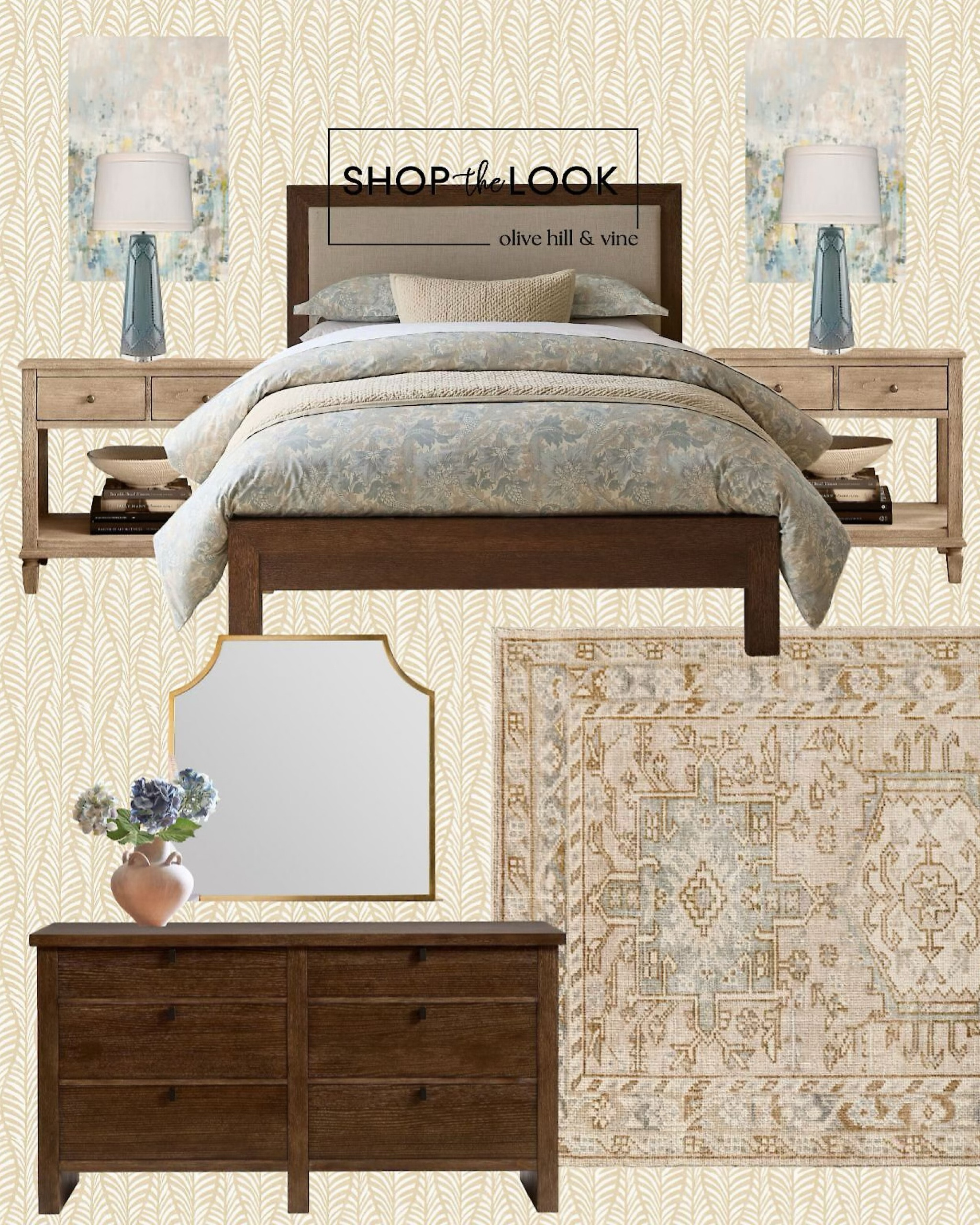 Dark wood meets timeless elegance in this warm-toned bedroom. A low-profile bed and 6-drawer dresser anchor the space, while a light-toned nightstand with classic molding and turned legs adds depth. Pops of blue shine through an antique duvet, faux hydrangeas, and abstract floral art.

#LTKStyleTip #LTKHome #LTKFamily
