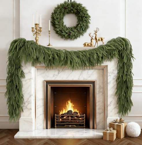 OULONGER 2PCS 9FT Artificial Christmas Norfolk Pine Garlands, Christma Real Touch Winter Pine Garland, Greenery Garland for Table Wall Fireplace Mantle Outdoor Christmas Decoration | Amazon (US)