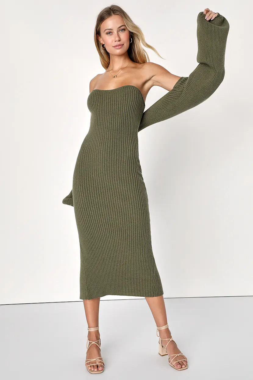 Autumn Aura Olive Green Ribbed Two-Piece Sweater Dress | Lulus