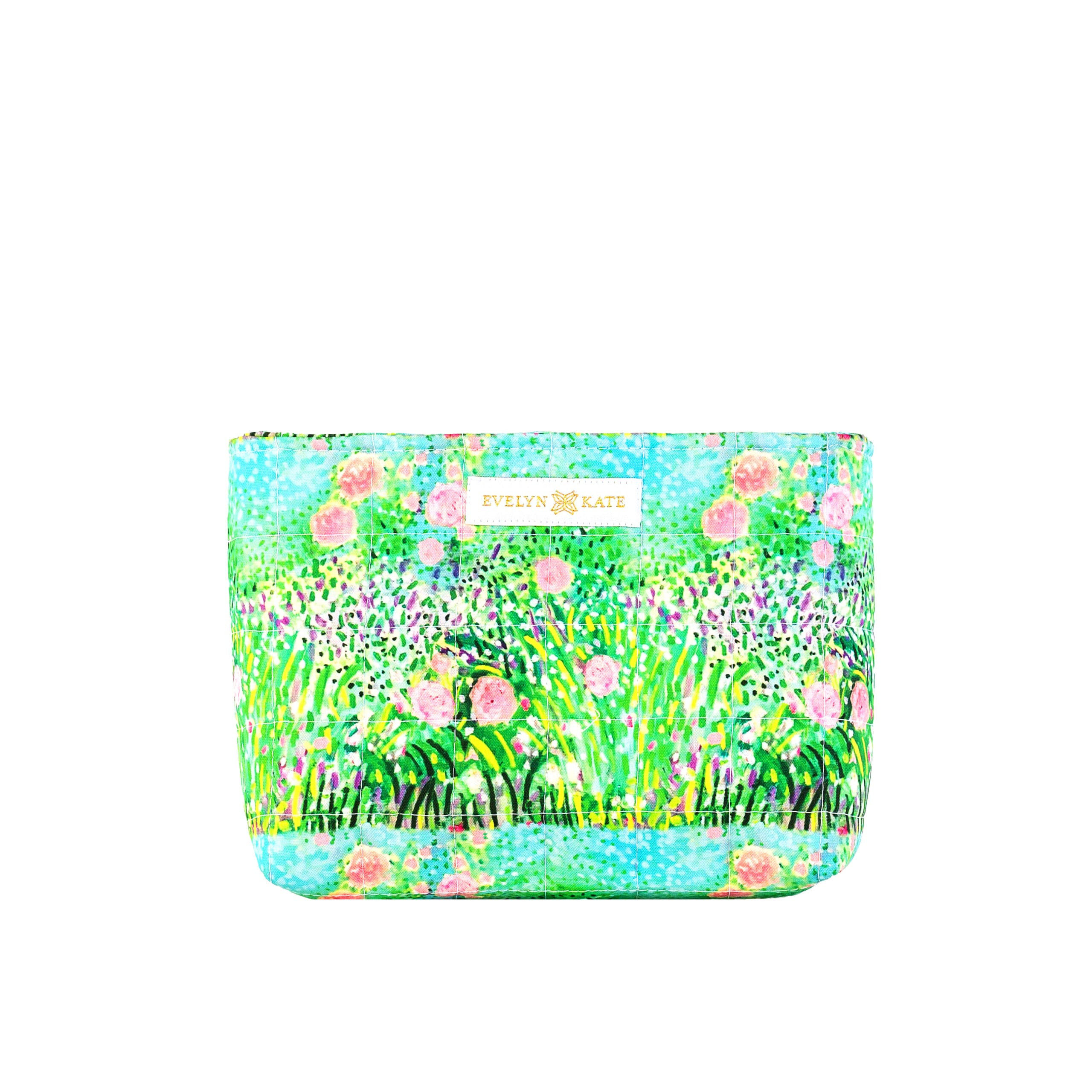 Pink Roses on Green Quilted Zipper Pouch | EVELYN & KATE (US)