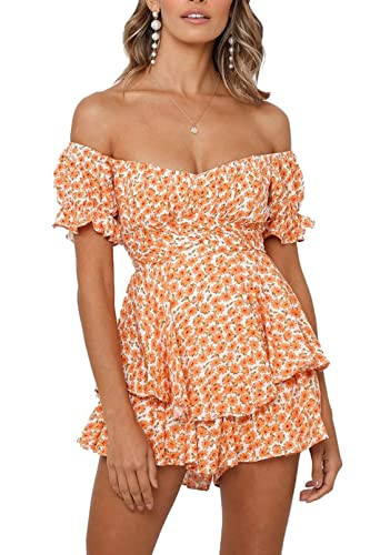 AOHITE Womens Boho Off-Shoulder Dress Ruffle Chiffon Summer Mini Short Dresses Orange Floral Large | Amazon (US)
