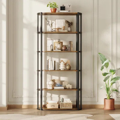 71 Inch Industrial Wooden Bookshelf - 6 Tier Tall Bookcase, Metal Frame Large Storage Shelf for Bedroom Home Office Kitchen Living Room | Wayfair North America