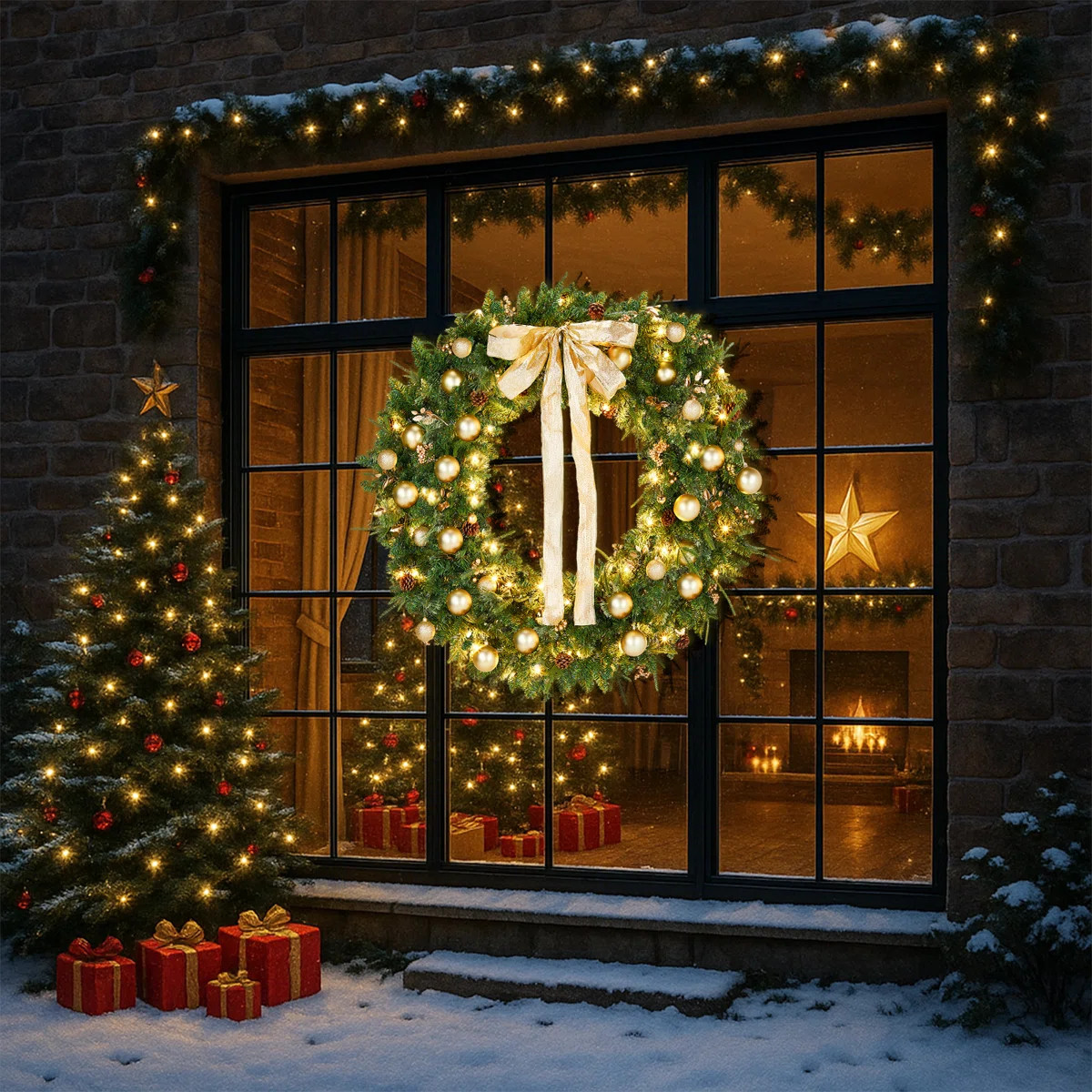 48'' Pre-Lit Christmas PE & PVC Wreath With Bow, Pine Cones & Gold Ornaments | Wayfair North America