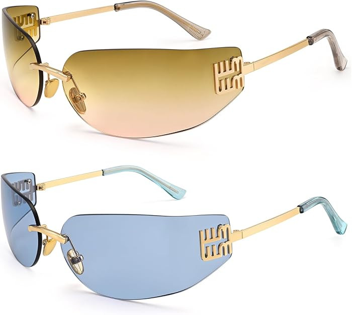 Dollger Rimless Y2K Wrap Around Sunglasses for Women Trendy Frameless Shield Rectangle Designer F... | Amazon (US)