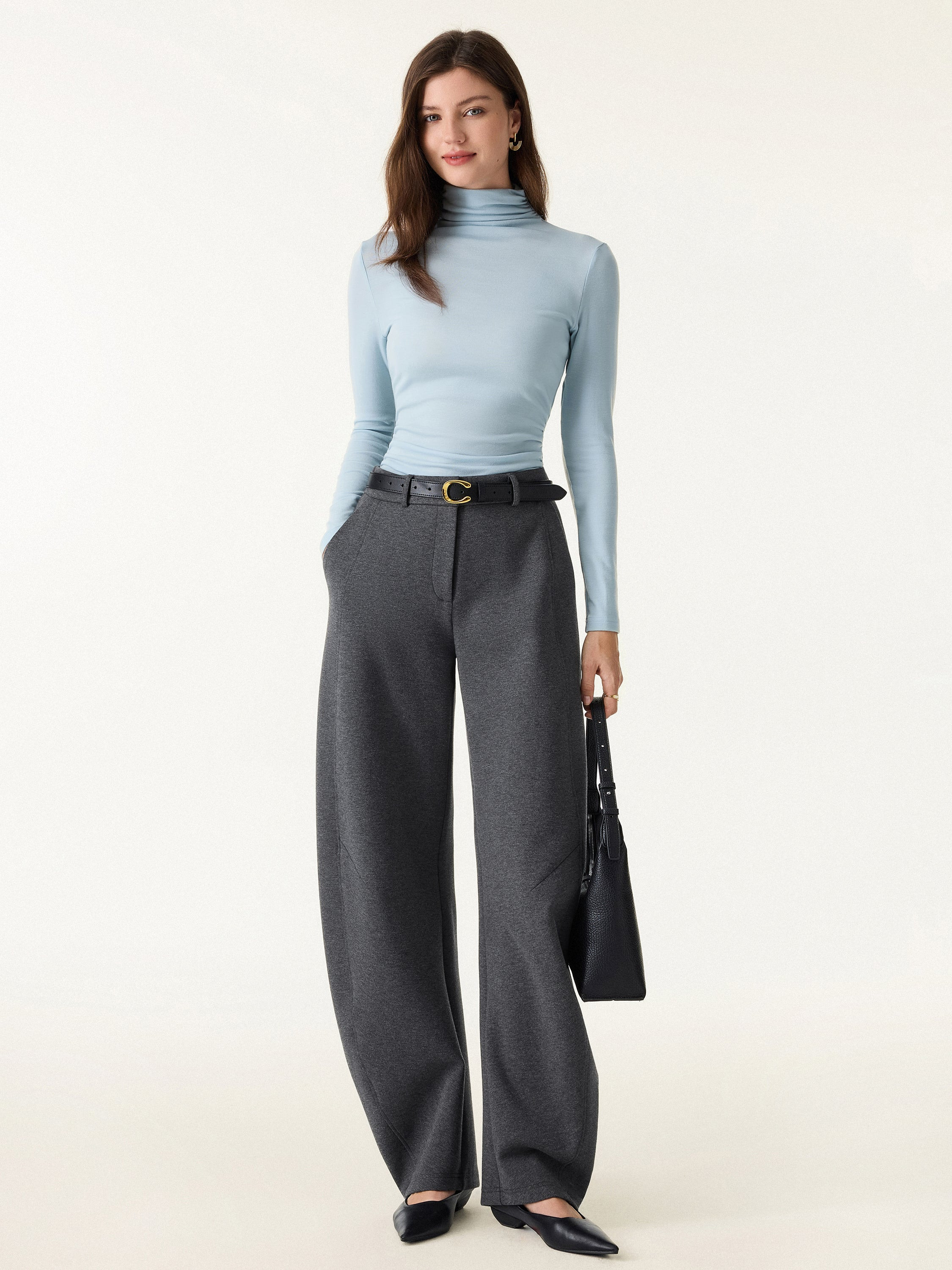 Stretch Mid Rise Barrel Leg Knit Pants with Pockets | OGLmove