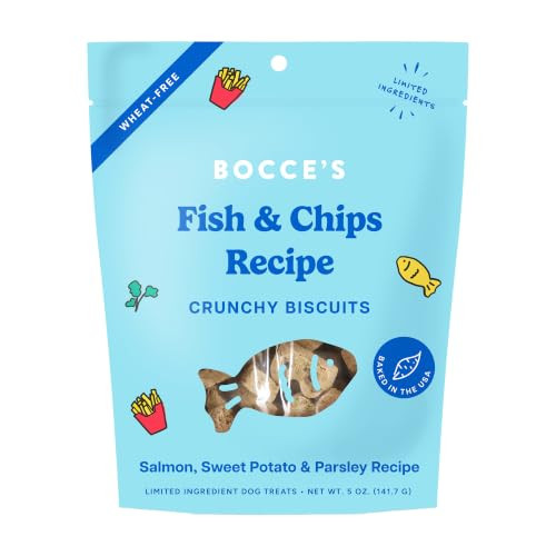 Bocce's Bakery Fish & Chips Treats for Dogs - Special Edition Wheat-Free Dog Treats, Made with Real Ingredients, Baked in The USA, All-Natural Salmon & Sweet Potato Biscuits, 5 oz | Amazon (US)