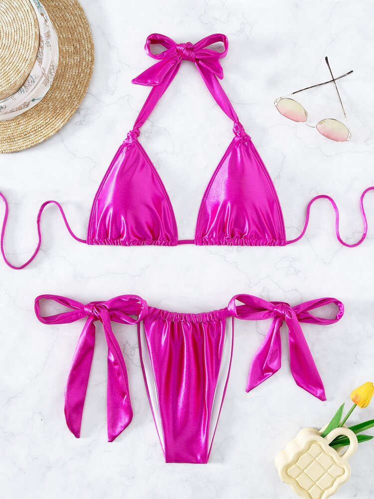 Metallic Halter Triangle Tie Side Bikini Swimsuit
       
              
              $11.49    ... | SHEIN
