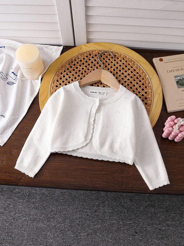 SHEIN Baby Girls' White Fashionable Casual Simple Solid Color Cropped Knitted Cardigan | SHEIN