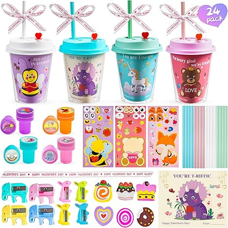24 pcs Valentines Day Gifts for Kids Classroom - Valentines Day Stationary Set Gift with Cards fo... | Amazon (US)