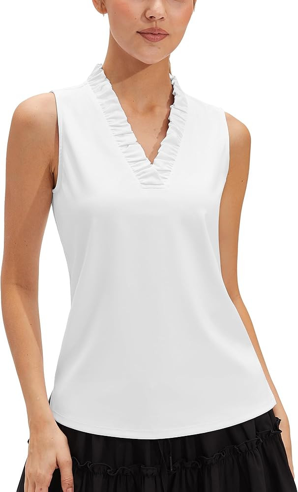 Stelle Womens Wrinkle Resist Golf Shirts UPF 50+ Sleeveless Ruffle V-Neck Tank Top Tennis Athleti... | Amazon (US)