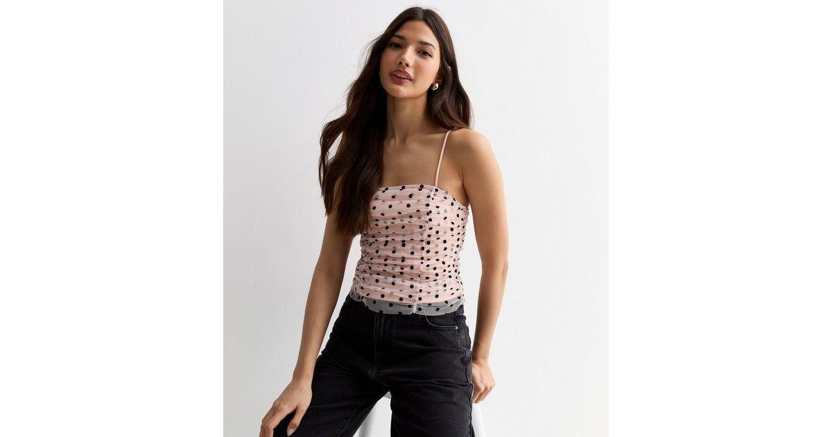 Pale Pink Spot Mesh Strappy Ruched Crop Top
						
						Add to Saved Items
						Remove from Sav... | New Look (UK)