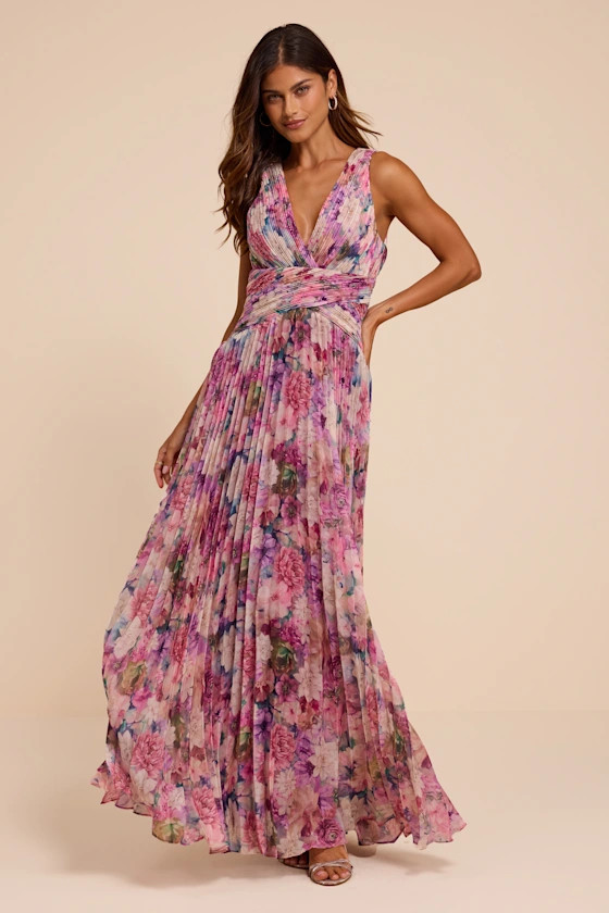 Andra Purple Floral Pleated Lace-Up Maxi Dress | Lulus