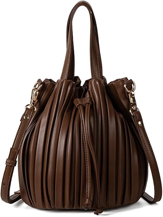 Bucket Bags for Women, Mini Leather Drawstring Crossbody Bucket Purses Pleated Shoulder Handbags | Amazon (US)