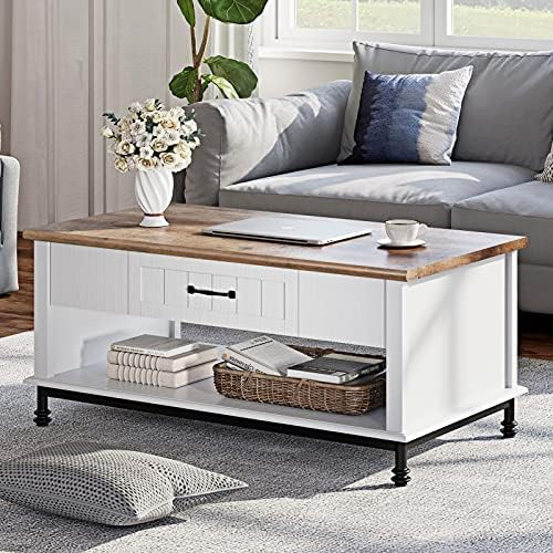 WAMPAT Farmhouse Coffee Table, Large Rectangle Center Table with 1 Drawers and Open Storage Shelf... | Amazon (US)