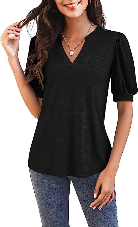 Imily Bela Womens V Neck T Shirts Casual Puff Short Sleeve Loose Summer Blouses Tops | Amazon (US)