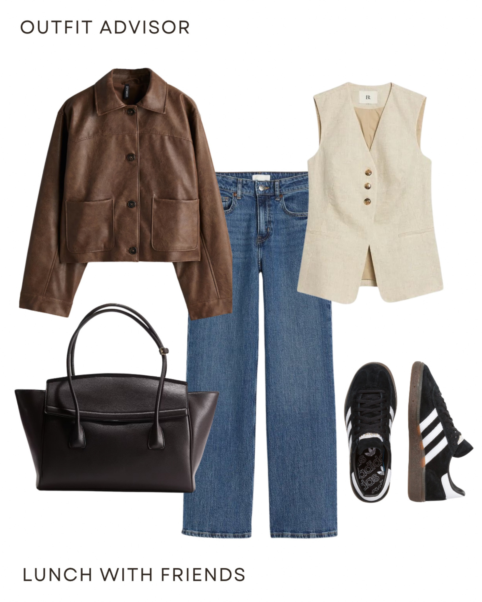Chic autumn outfit idea: a brown jacket, beige waistcoat, dark wash jeans, adidas spezial sneakers and an h&m brown handbag

#LTKbag #LTKstyletip #LTKautumn