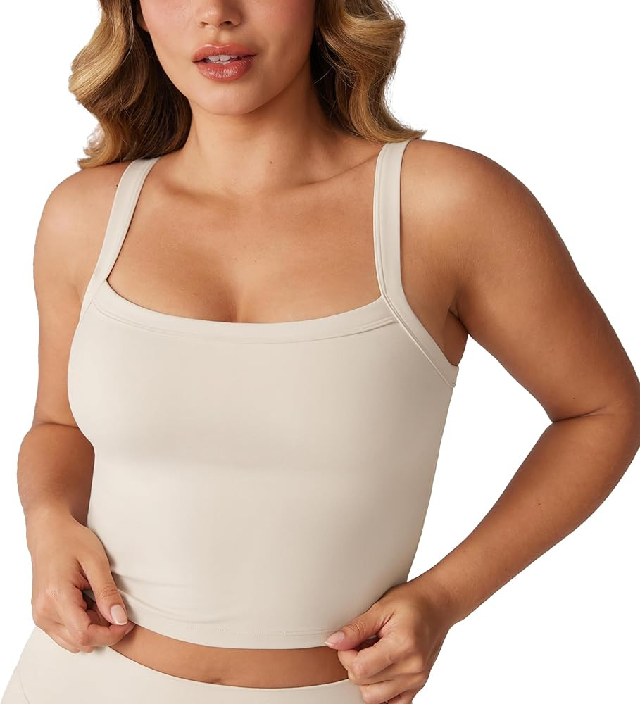Hugcurve Adjustable Longline Sports Bra Square Neck Workout Tank Crop Tops for Women with Built i... | Amazon (US)