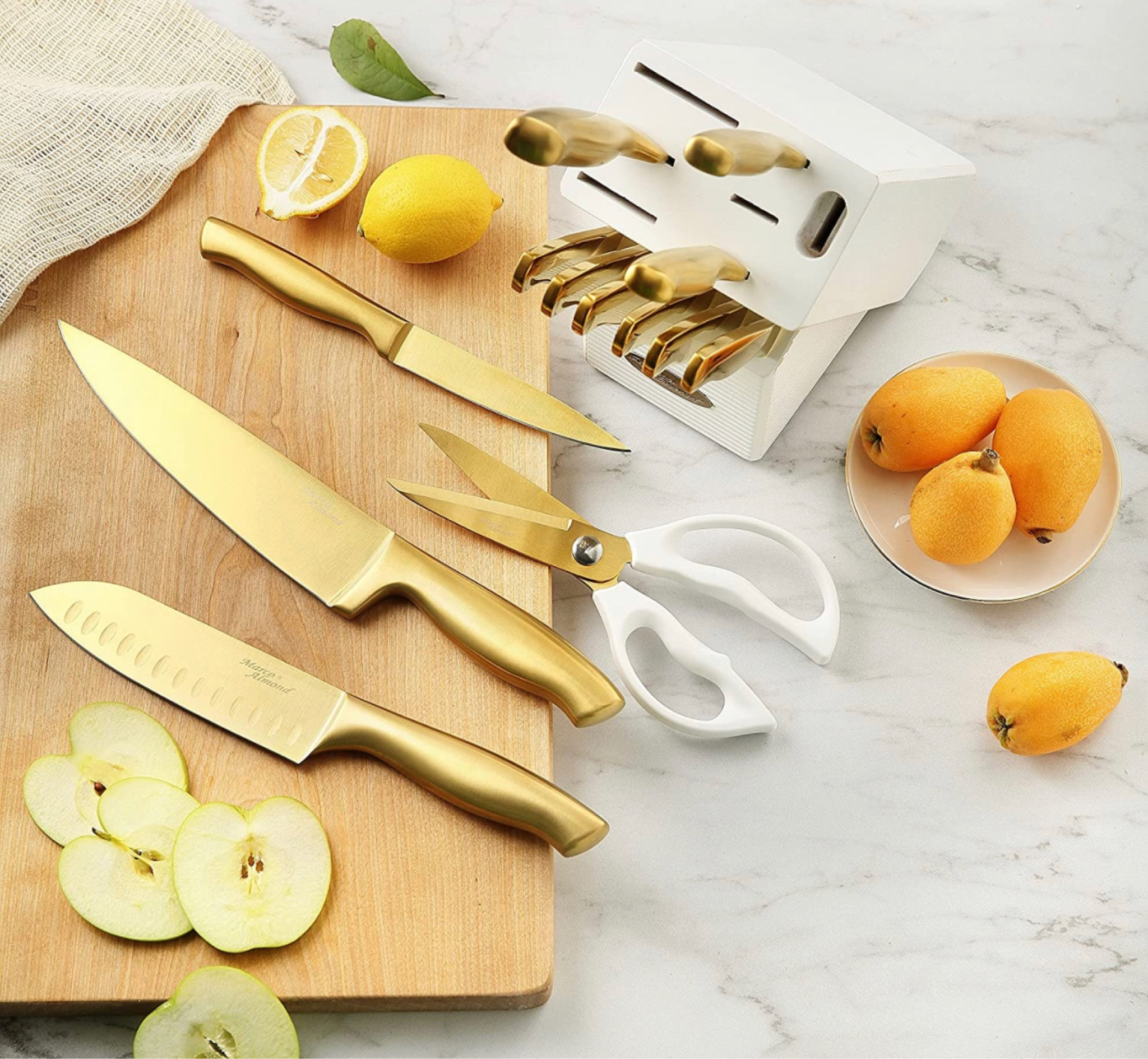 Marco Almond® MA21 Luxury Golden Knife Sets, Titanium Coated 14 Pieces Stainless Steel Hollow Handle Gold Kitchen Knives Set with White Wash Finish Wood Block

#amazonkitchen #kitchen #goldknifeset

#LTKhome #LTKsalealert #LTKSeasonal