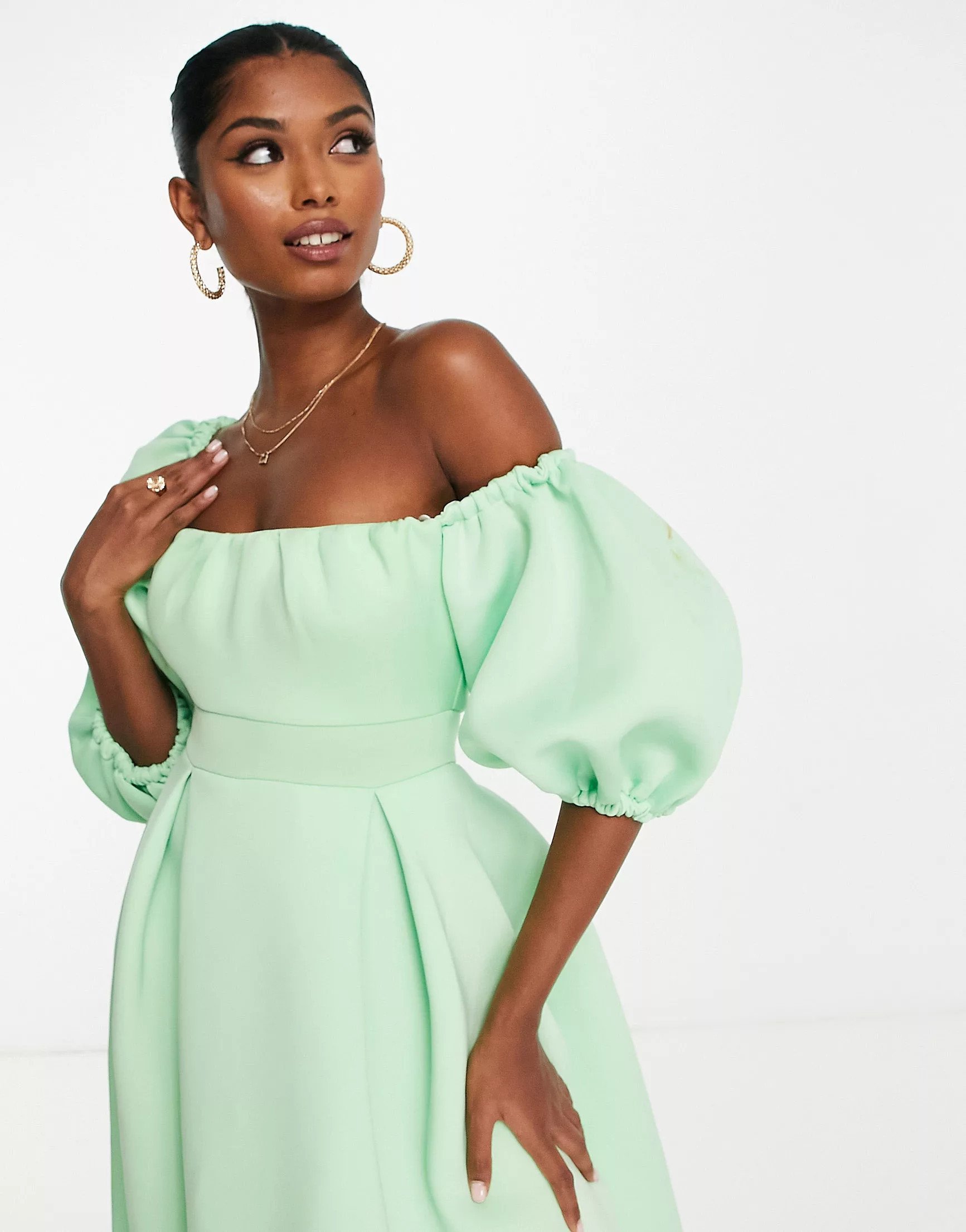 ASOS DESIGN dropped puff sleeve midi skater dress in apple green | ASOS (Global)