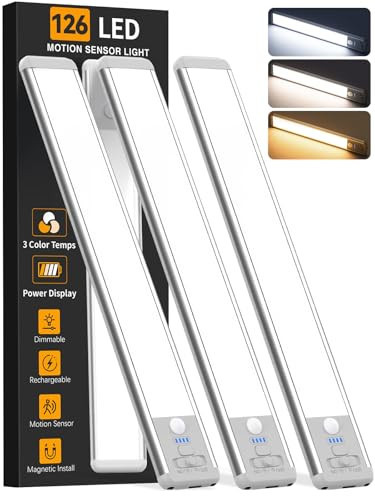 Under Cabinet Lighting Wireless, 15inch Rechargeable Motion Sensor Light Indoor, 3 Color Closet Light Battery Operated with LED Power Display, Magnetic Under Counter Lights for Kitchen, Home (3Pack) | Amazon (US)