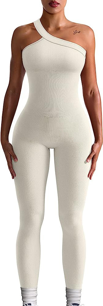 OQQ Women Yoga Jumpsuits Workout Ribbed One Shoulder One Piece Sport Jumpsuits | Amazon (US)