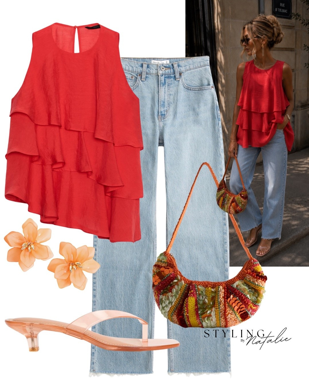 Red ruffle top, relaxed jeans, beaded bag, flower earrings & @linzi jelly kitten heel sandals.
Date night outfit, summer outfit, brunch, casual evening look.

#LTKsummer #LTKuk #LTKdatenight