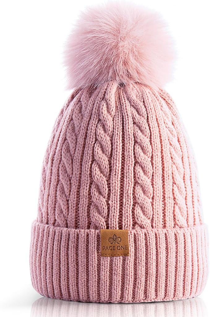 PAGE ONE Women Winter Pom Pom Beanie Hats Warm Fleece Lined,Chunky Trendy Cute Chenille Knit Twis... | Amazon (US)