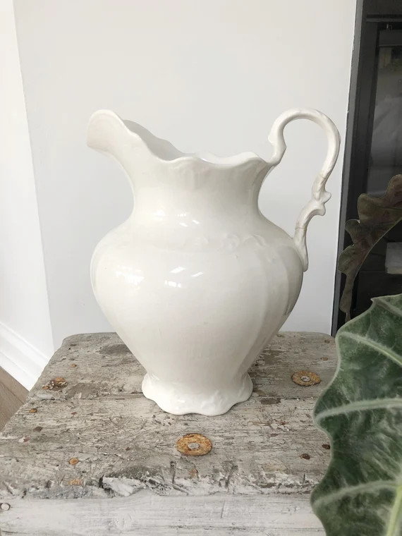 Huge Antique WHITE IRONSTONE PITCHER • Vintage Feminine Curvy Vintage Farmhouse Pitcher • Jus... | Etsy (US)