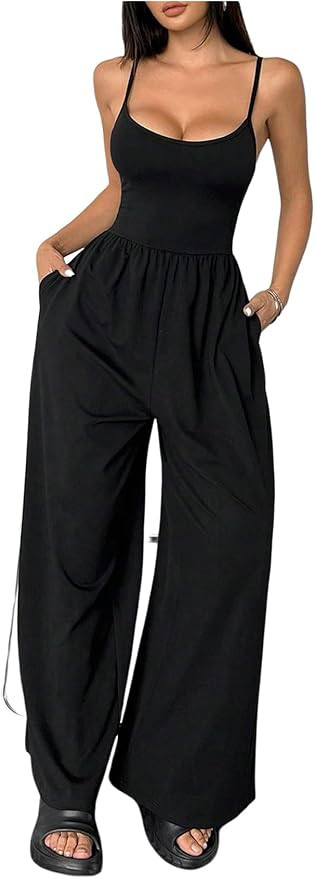 OYOANGLE Women's Sleeveless Wide Leg Jumpsuits High Waisted Spaghetti Strap Casual Long Rompers w... | Amazon (US)