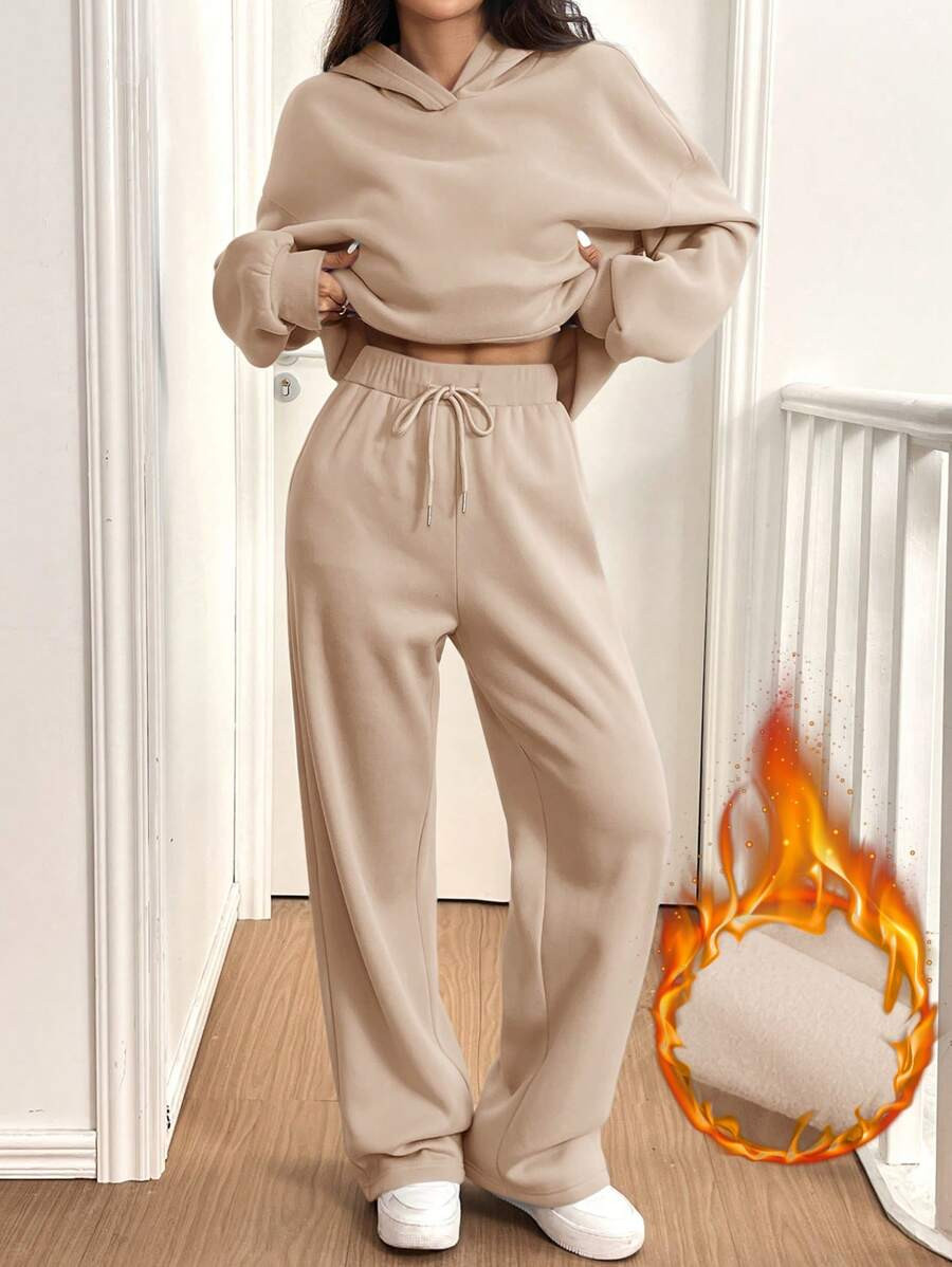 SHEIN EZwear 2-Piece Thermal Lined Hoodie & Pants Set In Khaki, Women Casual Sweatsuit For Autumn... | SHEIN