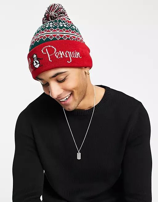 Original Penguin – Weihnachtliche Bommelmütze in Grün und Rot | ASOS (Global)