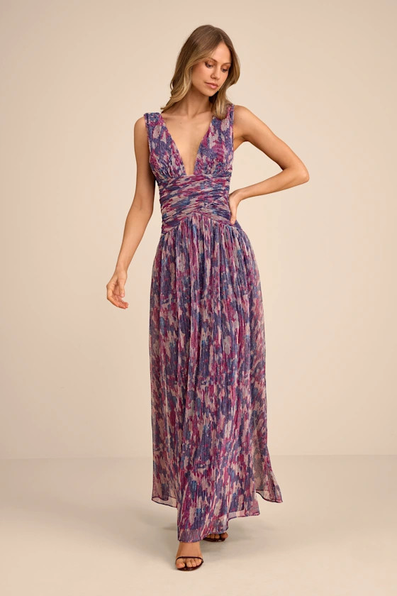 Evaluna Purple Abstract Print Lurex Pleated Maxi Dress | Lulus