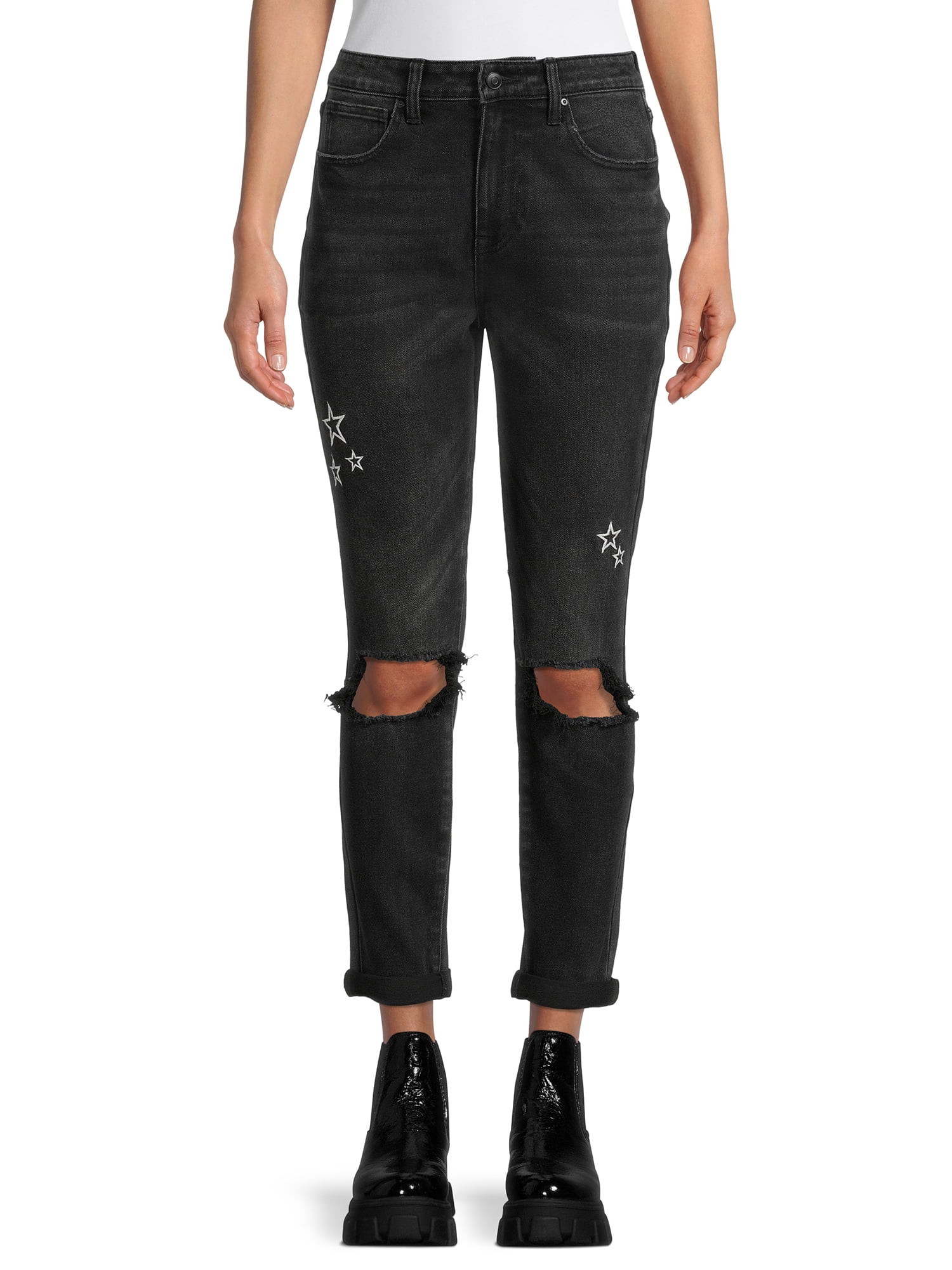 No Boundaries Juniors' Super High Rise Destructed Mom Jeans | Walmart (US)