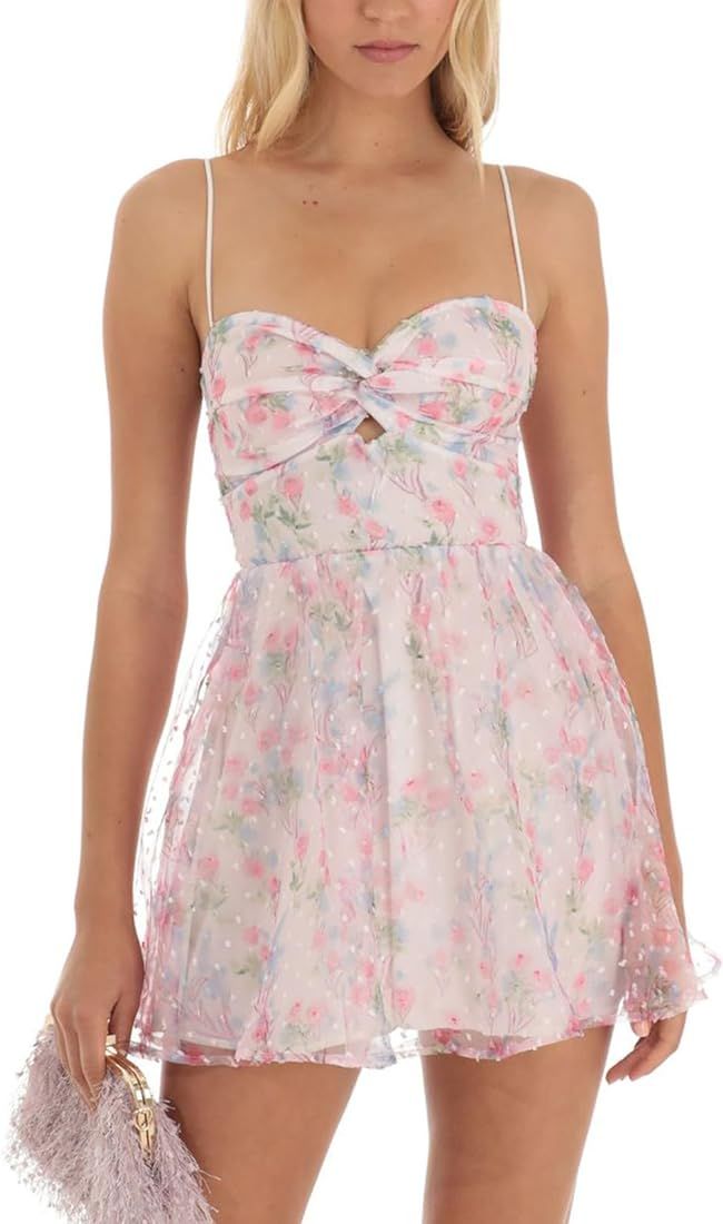 Women Summer Casual Mini Dress Floral Deep V-Neck Sleeveless Tie-Up Backless A-line Short Dress P... | Amazon (US)