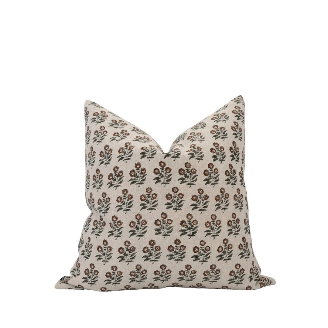 GRACIE || Designer Brown Floral Linen Pillow Cover Block Print Pillow Farmhouse Pillow Brown Flor... | Etsy (US)