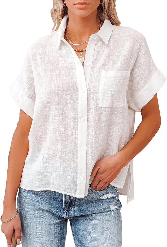 Womens Short Sleeve Cotton Button Down Up Shirt Collared V Neck Tops Shirts Blouses Dress for Wom... | Amazon (US)