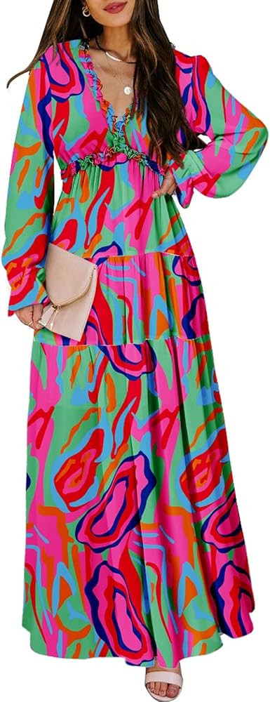 BLENCOT Womens Casual Boho Deep V Neck Short Sleeve Long Dress | Amazon (US)