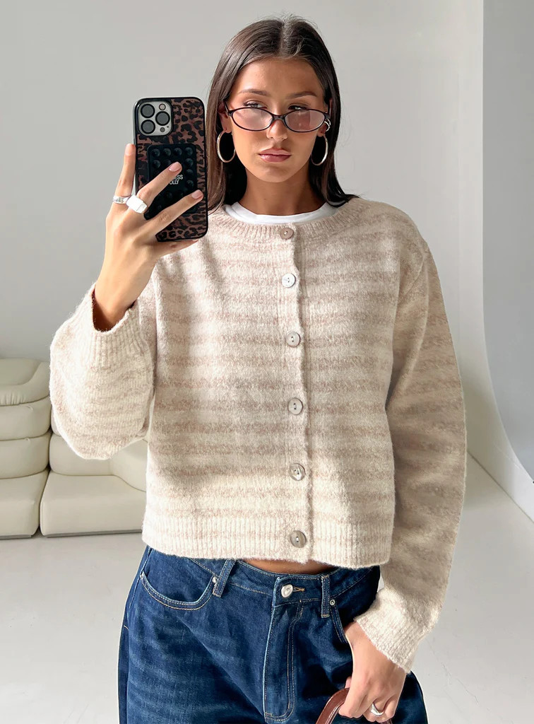 Raynna Button Up Cardigan Beige Stripe | Princess Polly US