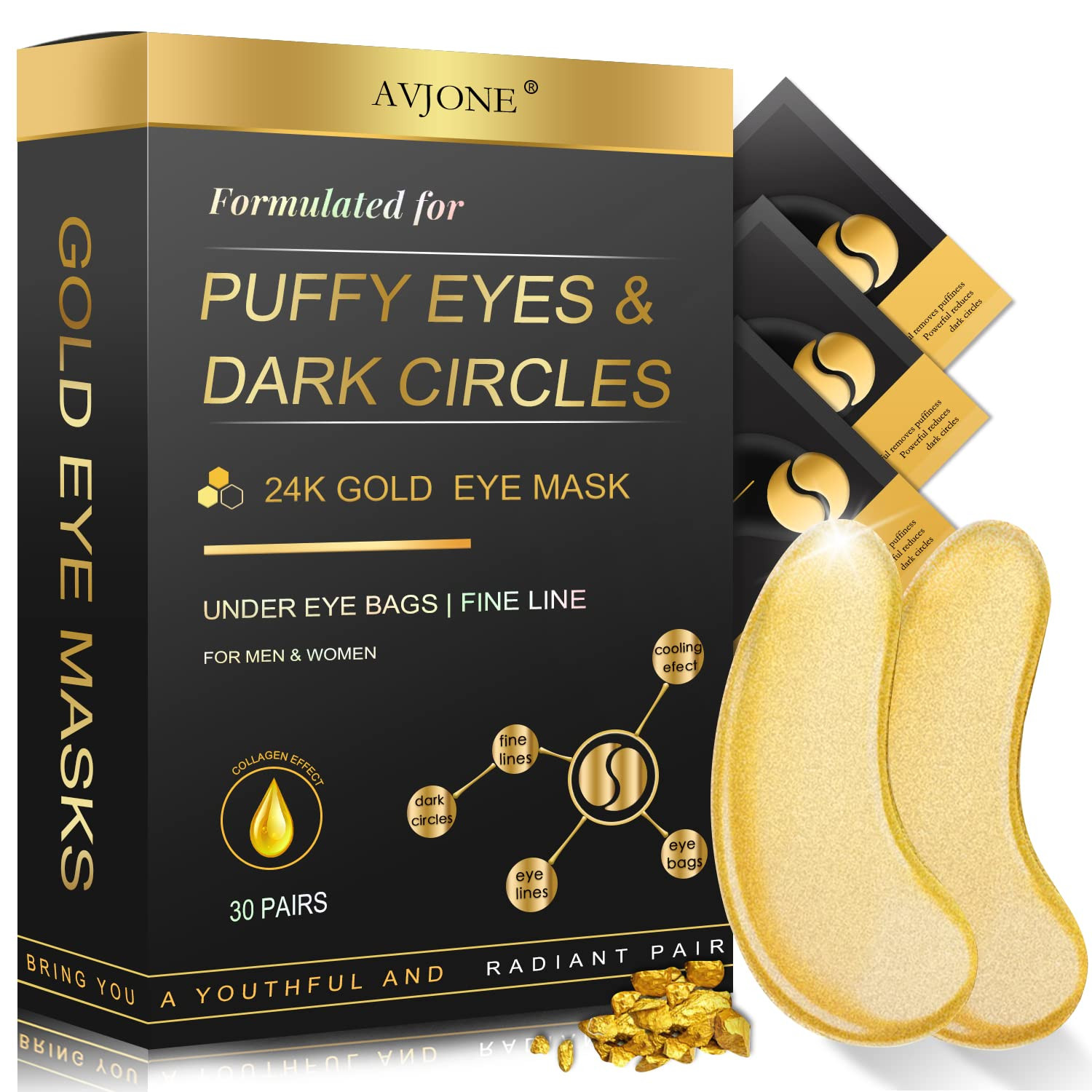 24K Gold Under Eye Patches (30 Pairs), Collagen Eye Masks for Dark Circles and Puffiness, Eye Patches for Women Puffy Eyes, Revitalizes and Refreshes Your Skin | Amazon (US)