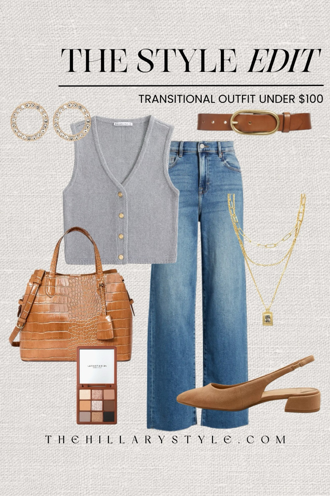 The Style Edit: Fall Transitional Outfit Under $100. Sweater vest top, wide leg jeans, sling back shoes, handbag, layered gold necklace, camel belt, gold stud earrings, eyeshadow pallet. Abercrombie, Nordstrom, Target, Panacea, Anastasia.

#LTKStyleTip #LTKSeasonal #LTKFindsUnder100